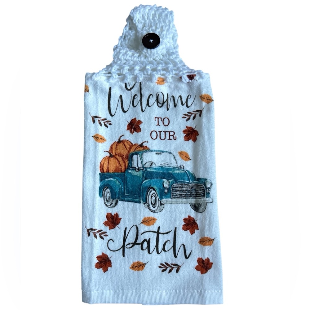 HAND CRAFTED Colorful Fall Pumpkins Crochet Top Hanging Kitchen Hand Towel - Picture 6 of 9